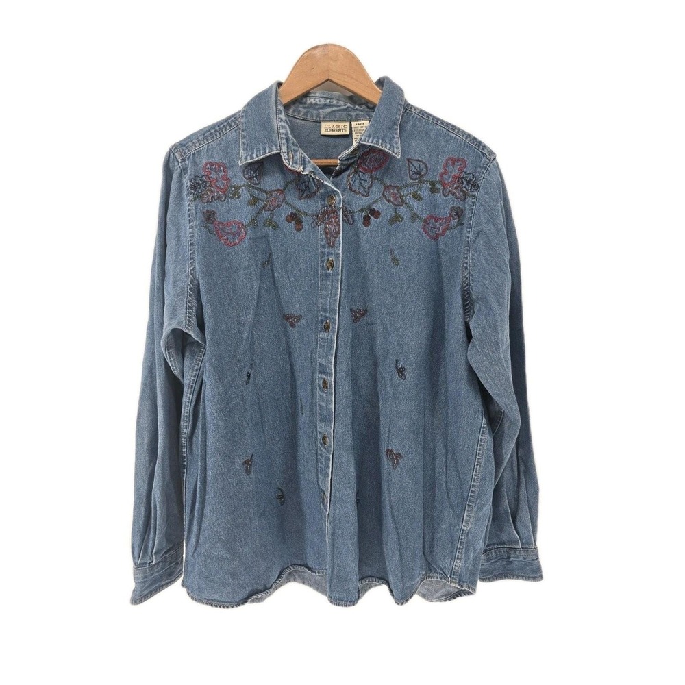 Classic Elements Shirt Womens Large Denim Blue Floral Embroidered EUC